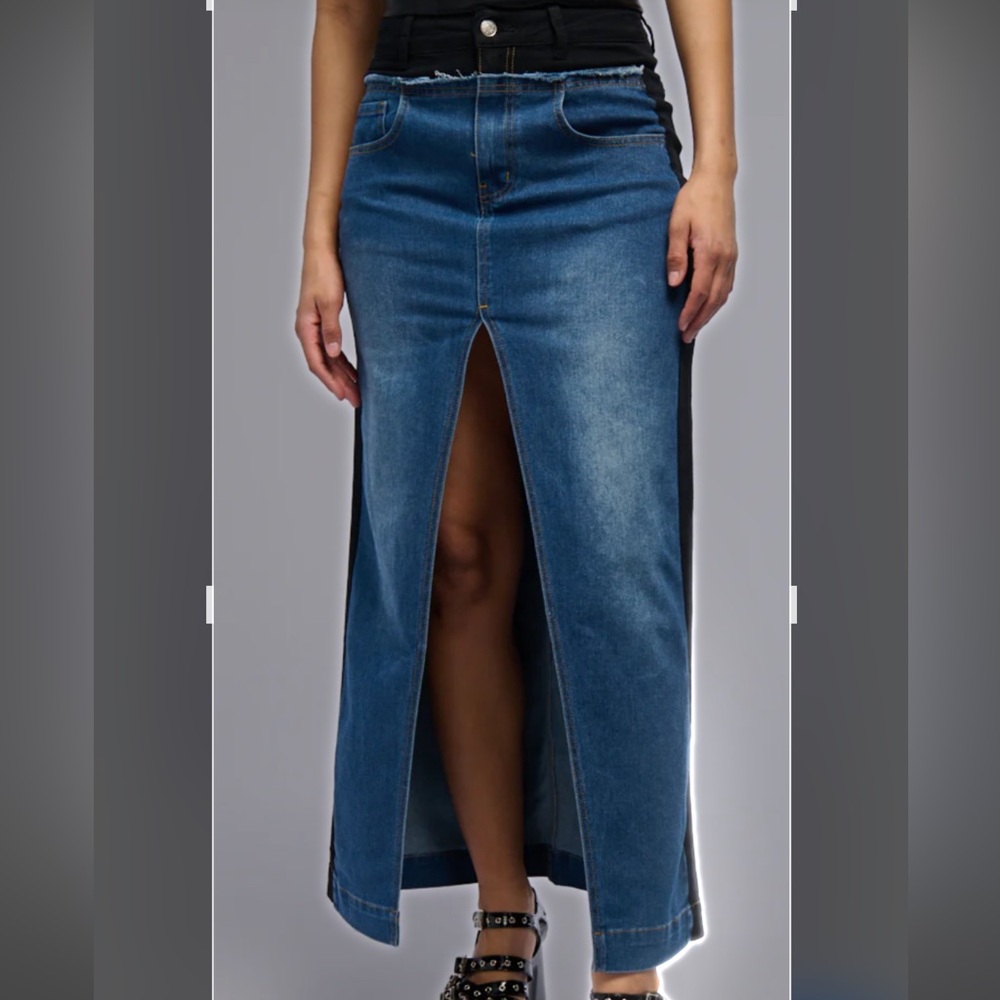 AKIRA Denim Maxi Skirt with black side stripes and black top with Front Slit